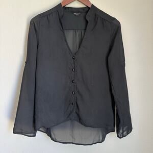 Vintage Guess 90s Sheer Black Top Button Up Roll Tab Sleeve Y2K 2000s USA Made